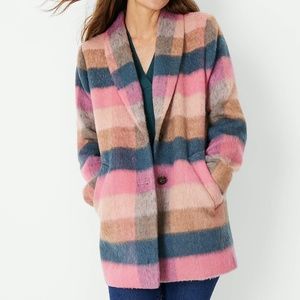 Ann Taylor Checked Boucle Cocoon Coat Pink Multi Color Plaid Size Medium